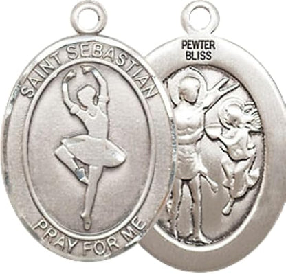 Medium Men's Pewter Saint St.Sebastian Dance Medal Pendant on 24 Inch Endless Rhodium Plated Heavy Curb Brass Chain, Catholic Religious Necklace -Made in USA- Deluxe Velvet Gift Box
