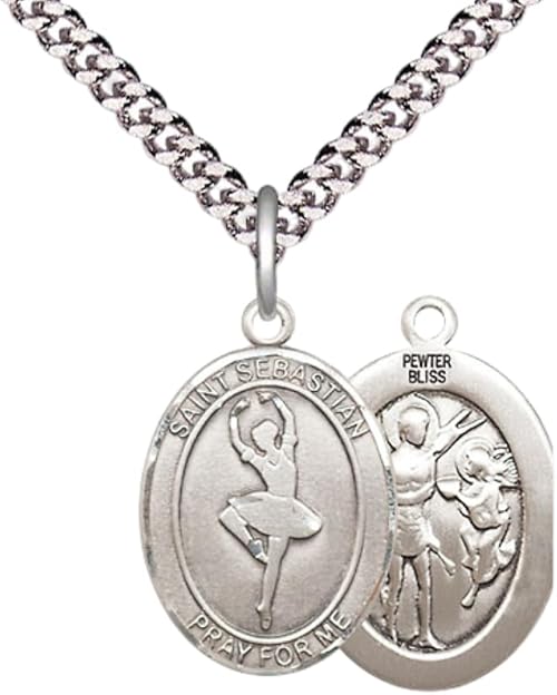 Medium Men's Pewter Saint St.Sebastian Dance Medal Pendant on 24 Inch Endless Rhodium Plated Heavy Curb Brass Chain, Catholic Religious Necklace -Made in USA- Deluxe Velvet Gift Box