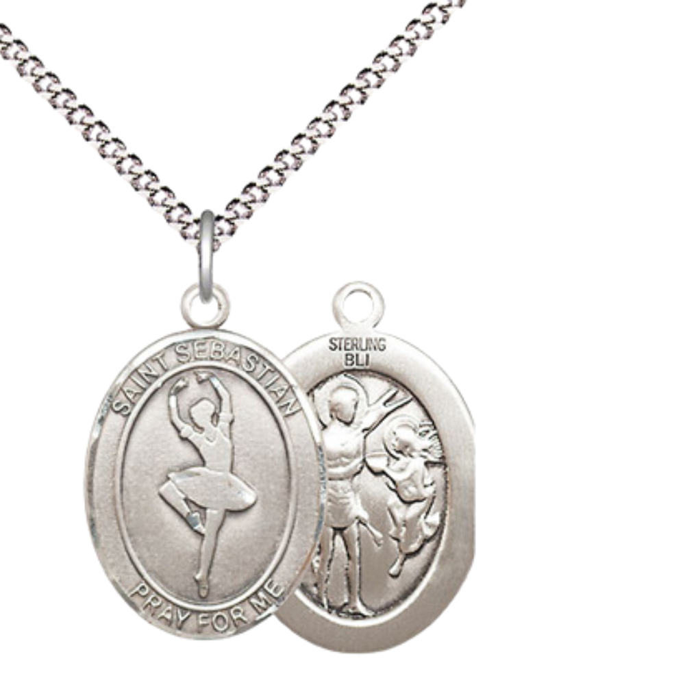 Everlasting Light Jewelry Medium Women's .925 Sterling Silver Saint St. Sebastian Dance Pendant Necklace on 18 Inch Rhodium Plated Lite Curb Brass Chain – Patron Saint St. of Athletes & Soldiers, Catholic Medal – Velvet Gift Box Included