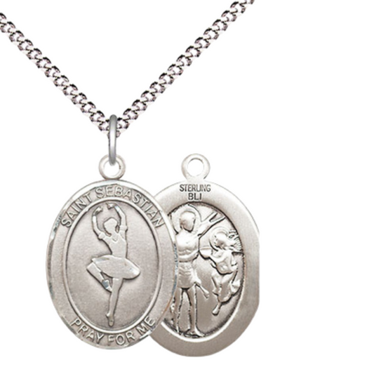 Everlasting Light Jewelry Medium Women's .925 Sterling Silver Saint St. Sebastian Dance Pendant Necklace on 18 Inch Rhodium Plated Lite Curb Brass Chain – Patron Saint St. of Athletes & Soldiers, Catholic Medal – Velvet Gift Box Included