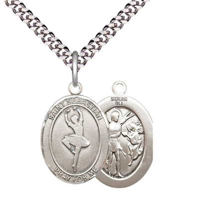 Medium Men's .925 Sterling Silver Saint St.Sebastian Dance Medal Pendant on 24 Inch Endless Rhodium Plated Heavy Curb Brass Chain, Catholic Religious Necklace -Made in USA- Deluxe Velvet Gift Box