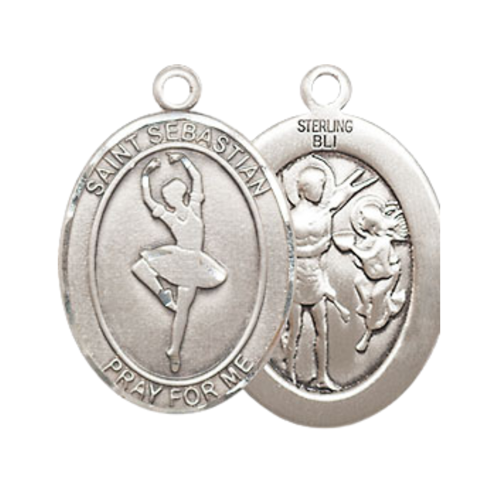 Medium Men's .925 Sterling Silver Saint St.Sebastian Dance Medal Pendant on 24 Inch Endless Rhodium Plated Heavy Curb Brass Chain, Catholic Religious Necklace -Made in USA- Deluxe Velvet Gift Box