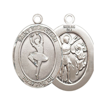 Medium Men's .925 Sterling Silver Saint St.Sebastian Dance Medal Pendant on 24 Inch Endless Rhodium Plated Heavy Curb Brass Chain, Catholic Religious Necklace -Made in USA- Deluxe Velvet Gift Box