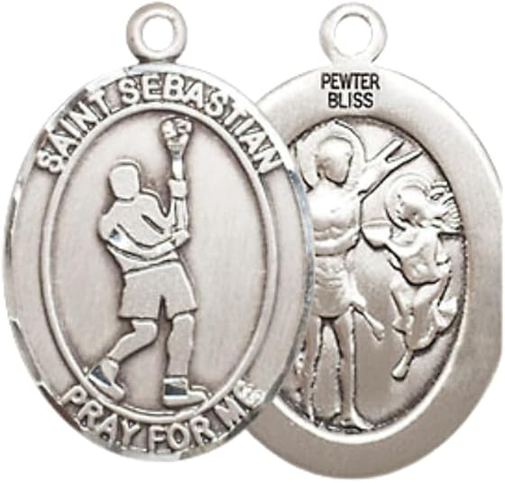 Everlasting Light Jewelry Medium Women's Pewter Saint St. Sebastian Lacrosse Pendant Necklace on 18- inch Rhodium- Plated Lite Curb Brass Chain – Patron Saint St. of Athletes & Soldiers, Catholic Medal – Velvet Gift Box Included