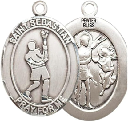 Everlasting Light Jewelry Medium Women's Pewter Saint St. Sebastian Lacrosse Pendant Necklace on 18- inch Rhodium- Plated Lite Curb Brass Chain – Patron Saint St. of Athletes & Soldiers, Catholic Medal – Velvet Gift Box Included