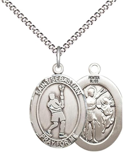 Everlasting Light Jewelry Medium Women's Pewter Saint St. Sebastian Lacrosse Pendant Necklace on 18- inch Rhodium- Plated Lite Curb Brass Chain – Patron Saint St. of Athletes & Soldiers, Catholic Medal – Velvet Gift Box Included