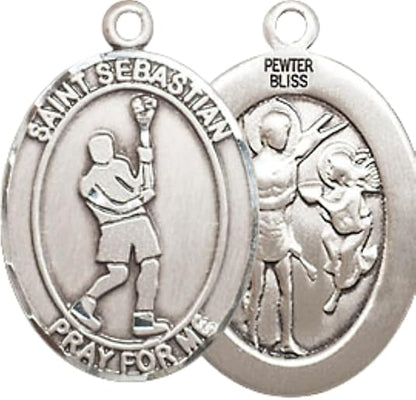 Medium Men's Pewter Saint St. Sebastian Lacrosse Medal Pendant on 24 Inch Endless Rhodium Plated Heavy Curb Brass Chain, Catholic Religious Necklace - Made in USA- Deluxe Velvet Gift Box