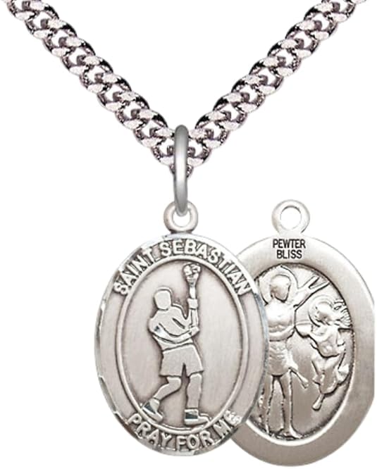 Medium Men's Pewter Saint St. Sebastian Lacrosse Medal Pendant on 24 Inch Endless Rhodium Plated Heavy Curb Brass Chain, Catholic Religious Necklace - Made in USA- Deluxe Velvet Gift Box