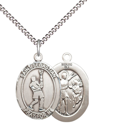 Medium Women's .925 Sterling Silver Saint St. Sebastian Lacrosse Pendant Necklace on 18 Inch Rhodium Plated Lite Curb Brass Chain – Patron Saint St. of Athletes & Soldiers, Catholic Medal – Velvet Gift Box Included