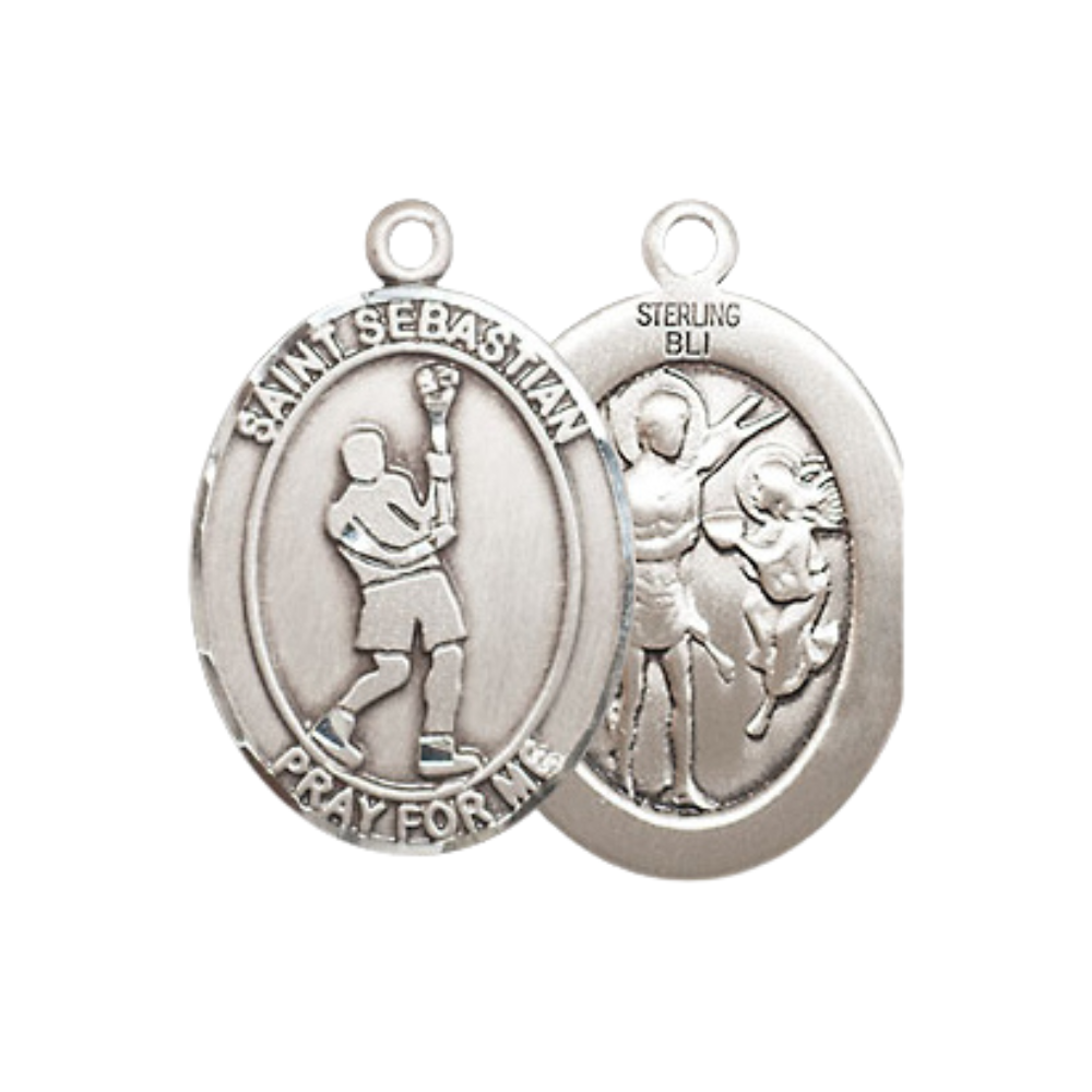Medium Mens Oval .925 Sterling Silver Saint St. Sebastian Lacrosse Medal Pendant on 24 Inch Rhodium Plated Heavy Curb Brass Chain w/ Lobster Claw Clasp, Catholic Religious Necklace- Made in USA- Velvet Gift Box