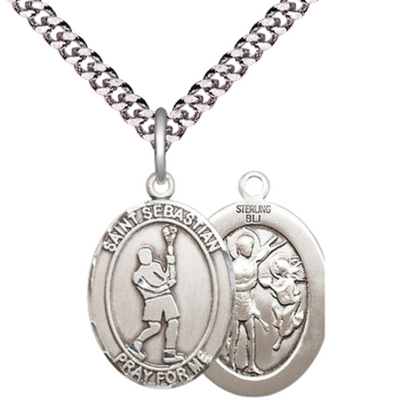 Medium Mens Oval .925 Sterling Silver Saint St. Sebastian Lacrosse Medal Pendant on 24 Inch Rhodium Plated Heavy Curb Brass Chain w/ Lobster Claw Clasp, Catholic Religious Necklace- Made in USA- Velvet Gift Box