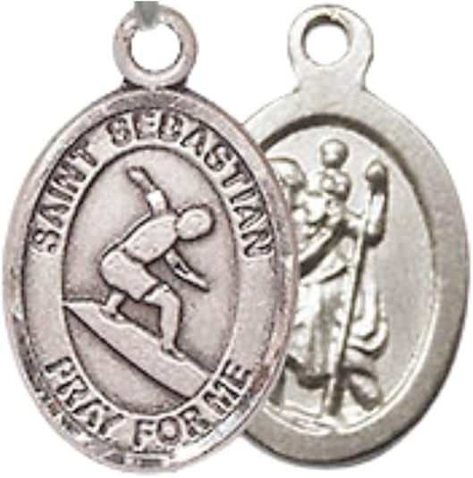 Everlasting Light Jewelry Medium Women's Pewter Saint St. Sebastian Surfing Pendant Necklace on 18- inch Rhodium- Plated Lite Curb Brass Chain – Patron Saint St. of Athletes & Soldiers, Catholic Medal – Velvet Gift Box Included