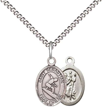 Everlasting Light Jewelry Medium Women's Pewter Saint St. Sebastian Surfing Pendant Necklace on 18- inch Rhodium- Plated Lite Curb Brass Chain – Patron Saint St. of Athletes & Soldiers, Catholic Medal – Velvet Gift Box Included