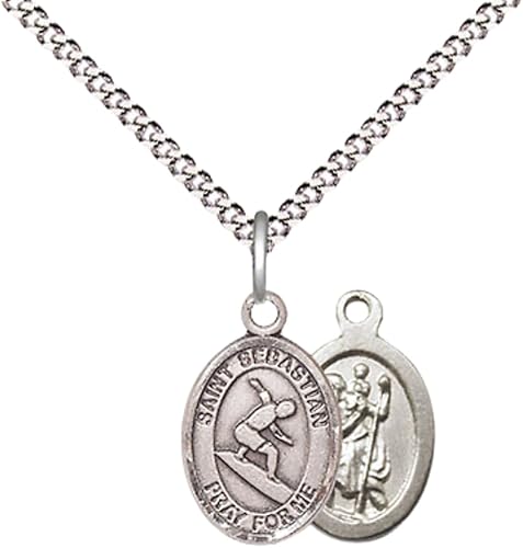 Everlasting Light Jewelry Medium Women's Pewter Saint St. Sebastian Surfing Pendant Necklace on 18- inch Rhodium- Plated Lite Curb Brass Chain – Patron Saint St. of Athletes & Soldiers, Catholic Medal – Velvet Gift Box Included