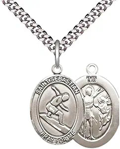Medium Men's Pewter Saint St. Sebastian Surfing Medal Pendant on 24 Inch Endless Rhodium Plated Heavy Curb Brass Chain, Catholic Religious Necklace - Made in USA- Deluxe Velvet Gift Box