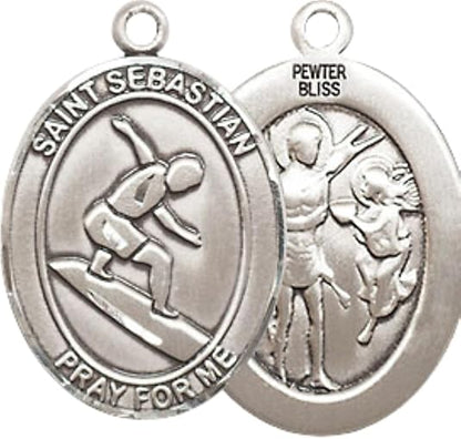 Medium Men's Pewter Saint St. Sebastian Surfing Medal Pendant on 24 Inch Endless Rhodium Plated Heavy Curb Brass Chain, Catholic Religious Necklace - Made in USA- Deluxe Velvet Gift Box