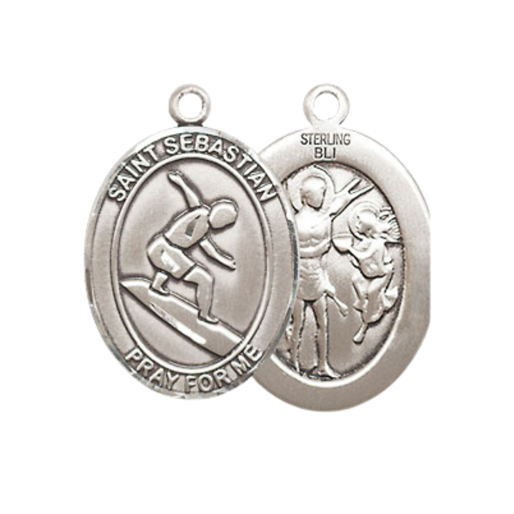 Everlasting Light Jewelry Medium Women's .925 Sterling Silver Saint St. Sebastian Surfing Pendant Necklace on 18 Inch Rhodium Plated Lite Curb Brass Chain – Patron Saint St. of Athletes & Soldiers, Catholic Medal – Velvet Gift Box Included