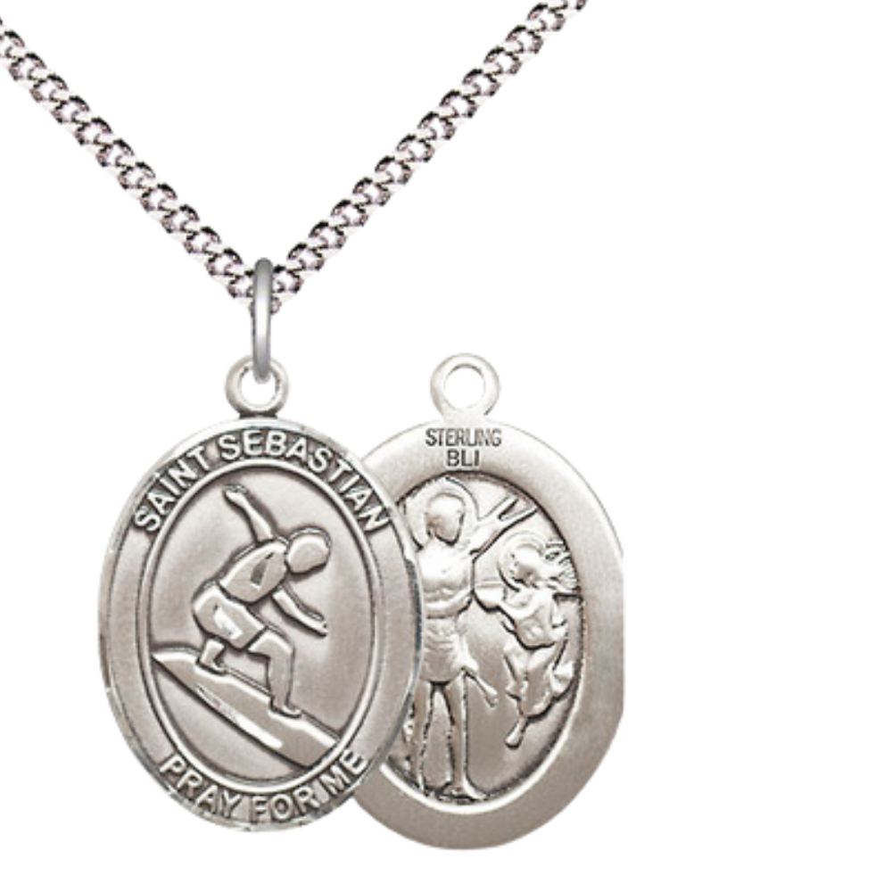 Everlasting Light Jewelry Medium Women's .925 Sterling Silver Saint St. Sebastian Surfing Pendant Necklace on 18 Inch Rhodium Plated Lite Curb Brass Chain – Patron Saint St. of Athletes & Soldiers, Catholic Medal – Velvet Gift Box Included