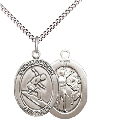 Everlasting Light Jewelry Medium Women's .925 Sterling Silver Saint St. Sebastian Surfing Pendant Necklace on 18 Inch Rhodium Plated Lite Curb Brass Chain – Patron Saint St. of Athletes & Soldiers, Catholic Medal – Velvet Gift Box Included