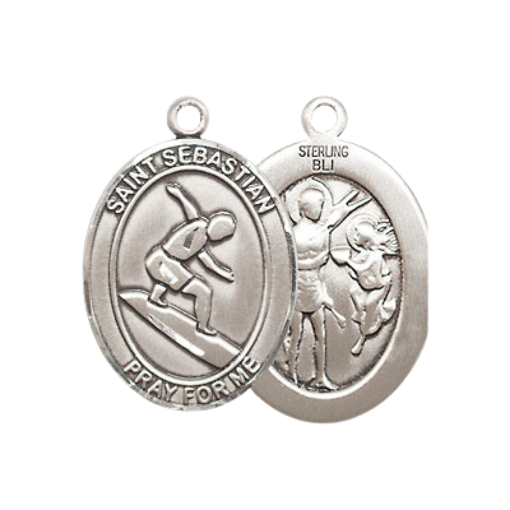 Medium Men's .925 Sterling Silver Saint St. Sebastian Surfing Medal Pendant on 24 Inch Endless Rhodium Plated Heavy Curb Brass Chain, Catholic Religious Necklace - Made in USA- Deluxe Velvet Gift Box