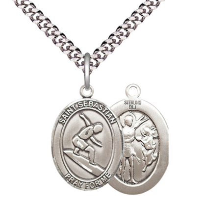 Medium Mens Oval .925 Sterling Silver Saint St. Sebastian Surfing Medal Pendant on 24 Inch Rhodium Plated Heavy Curb Brass Chain w/ Lobster Claw Clasp, Catholic Religious Necklace - Made in USA- Velvet Gift Box