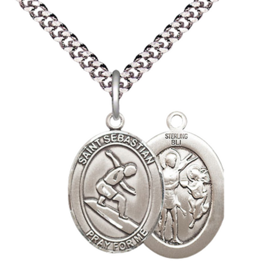 Medium Men's .925 Sterling Silver Saint St. Sebastian Surfing Medal Pendant on 24 Inch Endless Rhodium Plated Heavy Curb Brass Chain, Catholic Religious Necklace - Made in USA- Deluxe Velvet Gift Box