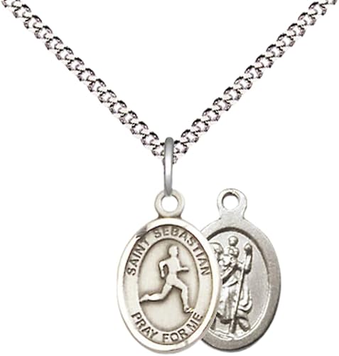 Medium Women's Pewter Saint St. Sebastian Track and Field Pendant Necklace on 18- inch Rhodium- Plated Lite Curb Brass Chain – Patron Saint St. of Athletes & Soldiers, Catholic Medal – Velvet Gift Box Included