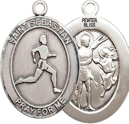 Medium Men's Pewter Saint St.Sebastian Track and Field Medal Pendant on 24 Inch Endless Rhodium Plated Heavy Curb Brass Chain, Catholic Religious Necklace -Made in USA- Deluxe Velvet Gift Box