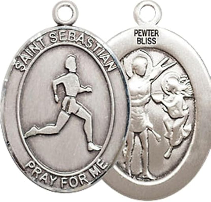 Medium Mens Oval Pewter Saint St. Sebastian Track and Field Medal Pendant on 24 Inch Rhodium Plated Heavy Curb Brass Chain w/ Lobster Claw Clasp, Catholic Religious Necklace- Made in USA- Velvet Gift Box