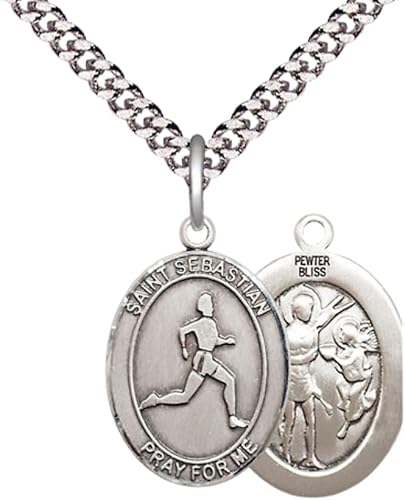 Medium Men's Pewter Saint St.Sebastian Track and Field Medal Pendant on 24 Inch Endless Rhodium Plated Heavy Curb Brass Chain, Catholic Religious Necklace -Made in USA- Deluxe Velvet Gift Box