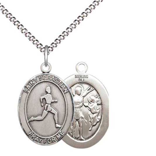 Medium Women's .925 Sterling Silver Saint St. Sebastian Track and Field Pendant Necklace on 18 Inch Rhodium Plated Lite Curb Brass Chain – Patron Saint St. of Athletes & Soldiers, Catholic Medal – Velvet Gift Box Included