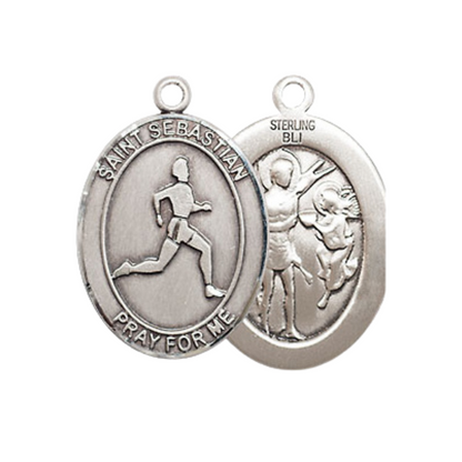 Medium Women's .925 Sterling Silver Saint St. Sebastian Track and Field Pendant Necklace on 18 Inch Rhodium Plated Lite Curb Brass Chain – Patron Saint St. of Athletes & Soldiers, Catholic Medal – Velvet Gift Box Included