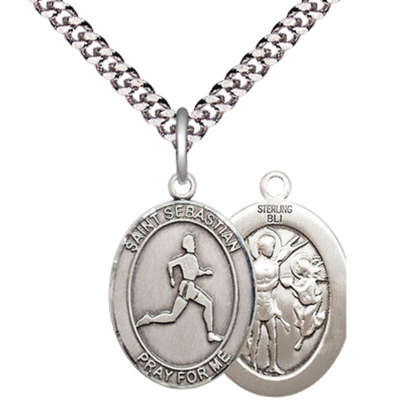 Medium Men's .925 Sterling Silver Saint St.Sebastian Track and Field Medal Pendant on 24" Endless Rhodium Plated Heavy Curb Brass Chain, Catholic Religious Necklace -Made in USA- Deluxe Velvet Gift Box