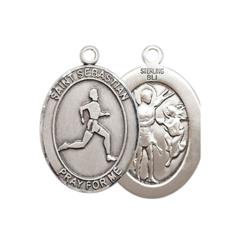 Medium Men's .925 Sterling Silver Saint St.Sebastian Track and Field Medal Pendant on 24" Endless Rhodium Plated Heavy Curb Brass Chain, Catholic Religious Necklace -Made in USA- Deluxe Velvet Gift Box