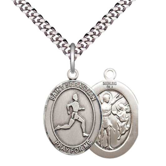 Medium Mens .925 Sterling Silver Saint St. Sebastian Track and Field Medal Pendant on 24 Inch Rhodium Plated Heavy Curb Brass Chain w/ Lobster Claw Clasp, Catholic Religious Necklace - Made in USA- Gift Boxed