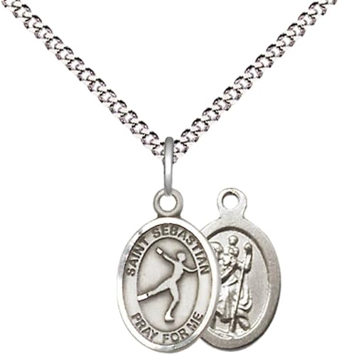Medium Women's Pewter Saint St. Sebastian Figure Skating Pendant Necklace on 18- inch Rhodium- Plated Lite Curb Brass Chain – Patron Saint St. of Athletes & Soldiers, Catholic Medal – Velvet Gift Box Included