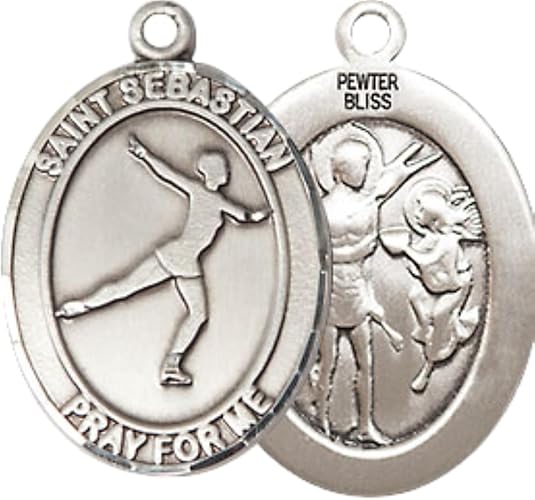 Medium Mens Oval Pewter Saint St. Sebastian Figure Skating Medal Pendant on 24 Inch Rhodium Plated Heavy Curb Brass Chain w/ Lobster Claw Clasp, Catholic Religious Necklace - Made in USA- Velvet Gift Box