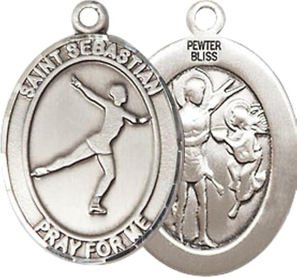 Medium Men's Pewter Saint St.Sebastian Figure Skating Medal Pendant on 24 Inch Endless Rhodium Plated Heavy Curb Brass Chain, Catholic Religious Necklace -Made in USA- Deluxe Velvet Gift Box