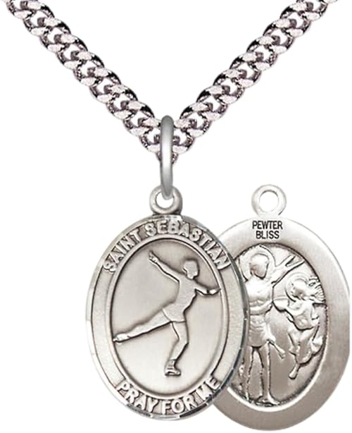 Medium Men's Pewter Saint St.Sebastian Figure Skating Medal Pendant on 24 Inch Endless Rhodium Plated Heavy Curb Brass Chain, Catholic Religious Necklace -Made in USA- Deluxe Velvet Gift Box