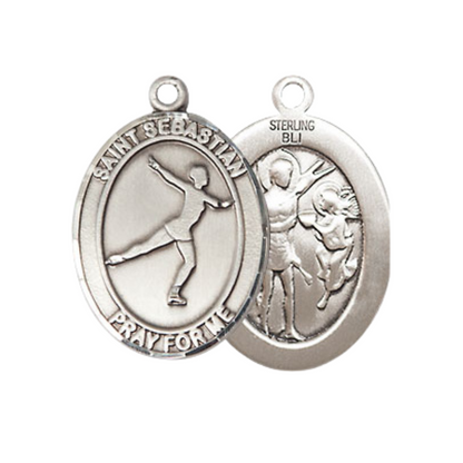 Medium Women's .925 Sterling Silver Saint St. Sebastian Figure Skating Pendant Necklace on 18 Inch Rhodium Plated Lite Curb Brass Chain – Patron Saint St. of Athletes & Soldiers, Catholic Medal – Velvet Gift Box Included