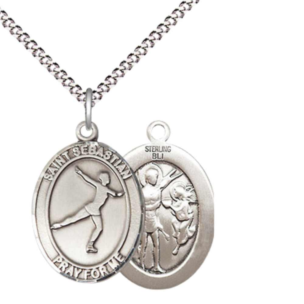 Medium Women's .925 Sterling Silver Saint St. Sebastian Figure Skating Pendant Necklace on 18 Inch Rhodium Plated Lite Curb Brass Chain – Patron Saint St. of Athletes & Soldiers, Catholic Medal – Velvet Gift Box Included