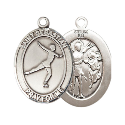 Medium Mens Sterling Silver Saint Sebastian Figure Skating Medal Pendant on 24" Rhodium Plated Heavy Curb Brass Chain w/ Lobster Claw Clasp,Catholic Religious Necklace -Made in USA-Gift Boxed