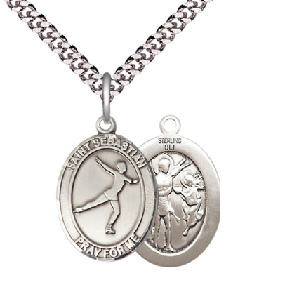 Medium Men's .925 Sterling Silver Saint St. Sebastian Figure Skating Medal Pendant on 24 Inch Endless Rhodium Plated Heavy Curb Brass Chain, Catholic Religious Necklace - Made in USA- Deluxe Velvet Gift Box