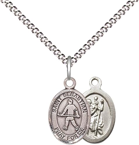 Everlasting Light Jewelry Medium Women's Pewter Saint Sebastian Field Hockey Pendant Necklace on 18-inch Rhodium-Plated Lite Curb Brass Chain – Patron Saint of Athletes & Soldiers – Velvet Gift Box Included