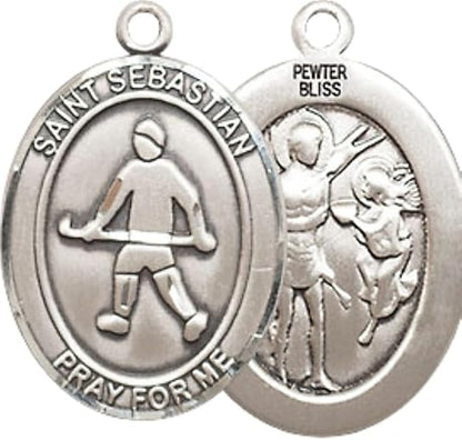 Medium Men's Pewter Saint St. Sebastian Field Hockey Medal Pendant on 24 Inch Endless Rhodium Plated Heavy Curb Brass Chain, Catholic Religious Necklace - Made in USA- Deluxe Velvet Gift Box