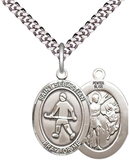 Medium Men's Pewter Saint St. Sebastian Field Hockey Medal Pendant on 24 Inch Endless Rhodium Plated Heavy Curb Brass Chain, Catholic Religious Necklace - Made in USA- Deluxe Velvet Gift Box