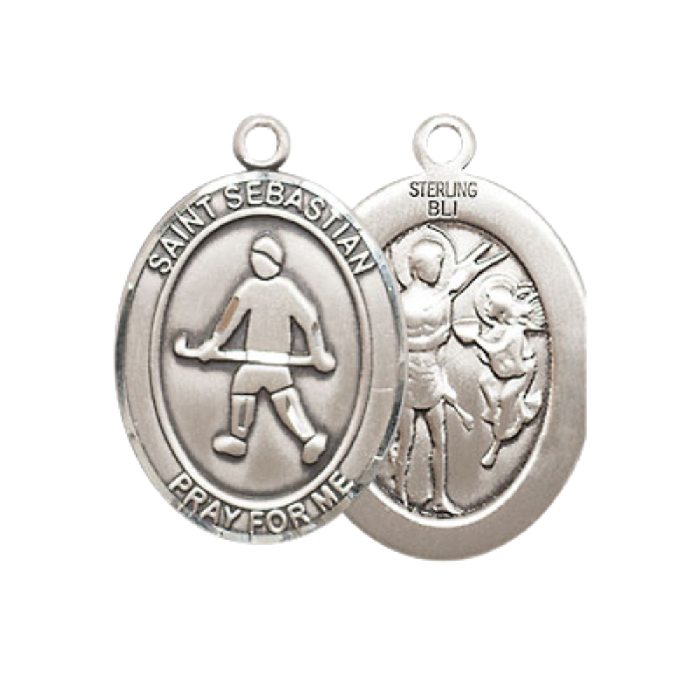 Medium Women's .925 Sterling Silver Saint St. Sebastian Field Hockey Pendant Necklace on 18 Inch Rhodium Plated Lite Curb Brass Chain – Patron Saint St. of Athletes & Soldiers, Catholic Medal – Velvet Gift Box Included