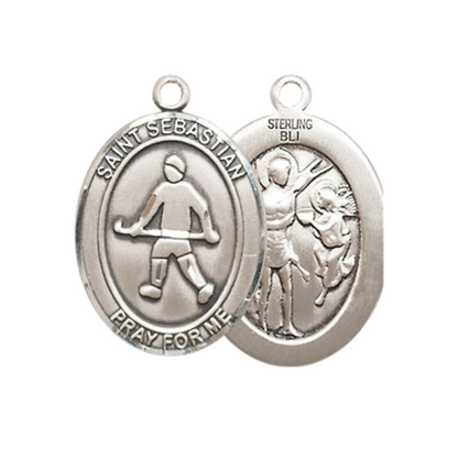 Medium Women's .925 Sterling Silver Saint St. Sebastian Field Hockey Pendant Necklace on 18 Inch Rhodium Plated Lite Curb Brass Chain – Patron Saint St. of Athletes & Soldiers, Catholic Medal – Velvet Gift Box Included