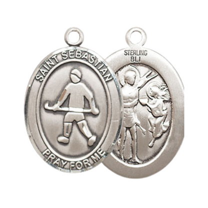 Medium Men's .925 Sterling Silver Saint St.Sebastian Field Hockey Medal Pendant on 24 Inch Endless Rhodium Plated Heavy Curb Brass Chain, Catholic Religious Necklace -Made in USA- Deluxe Velvet Gift Box