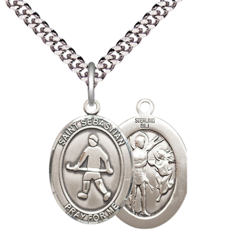 Medium Mens Oval .925 Sterling Silver Saint St. Sebastian Field Hockey Medal Pendant on 24 Inch Rhodium Plated Heavy Curb Brass Chain w/ Lobster Claw Clasp, Catholic Religious Necklace - Made in USA- Gift Boxed
